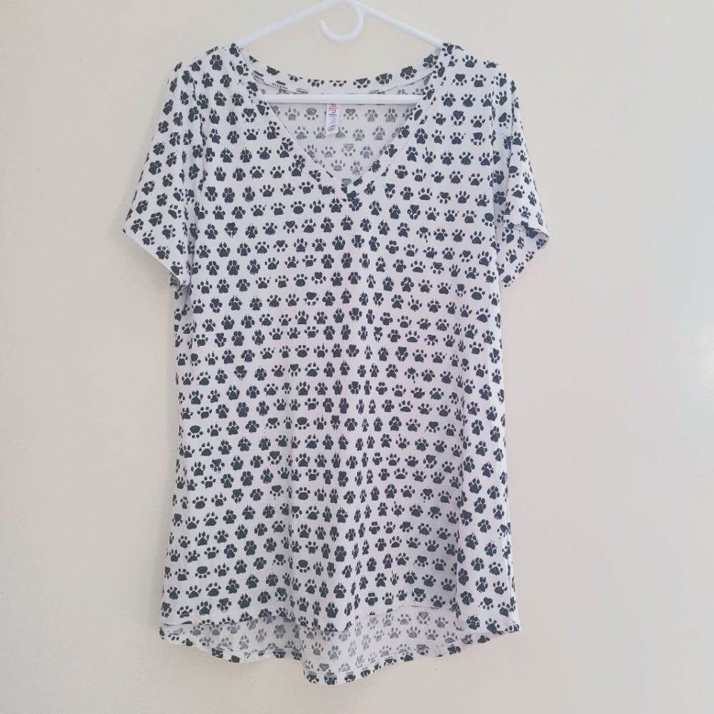 LuLaRoe Top V Neck Short Sleeve Tee with  paw prints size large